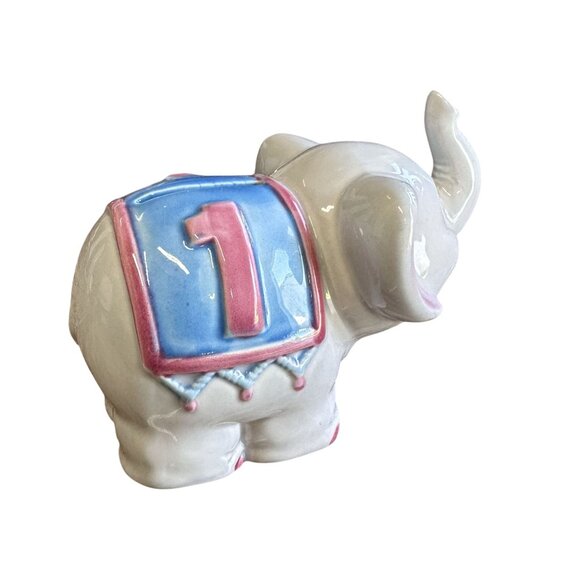 Vintage Ceramic Blue Elephant Bank With Stopper Saddle Korea - Picture 2 of 6